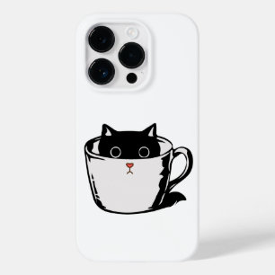 Coque Pour iPhone 14 Pro Chaton noir avec nez rouge caché dans une tasse