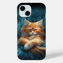 Chaton Tabby Orange en Lit de Plumes Bleues
