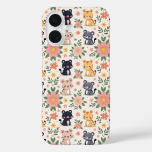 Coques iPhone 16 Chats de jungle de dessin animé mignons et fleurs