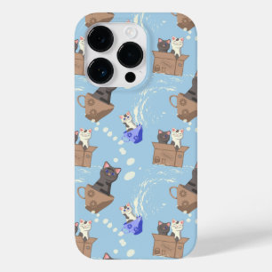 Coque Pour iPhone 14 Pro Chats en boîte et gouttes de lait sur bleu