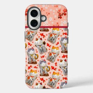 Coques iPhone 16 Chats japonais rose à becs Maneki-neko chats