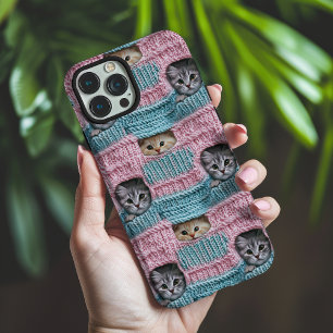 Coques iPhone 16 Pro Max Chats Mignons Tricot Rose Bleu Féminin