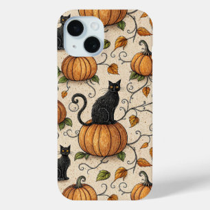 Coque Pour iPhone 15 Chats noirs et citrouilles motif Halloween