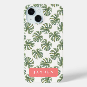 Coque Pour iPhone 15 Chaud rose et feuille de palme tropicale Nom perso
