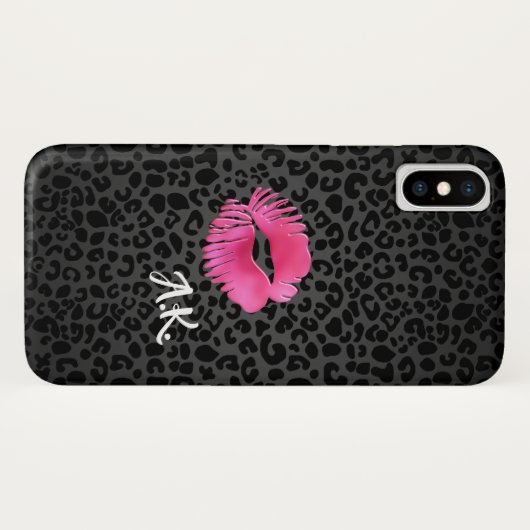 Coques Case-Mate iPhone Chaud rose Lipgloss Kiss Black Leopard Avec Monogr (Dos (Horizontal))