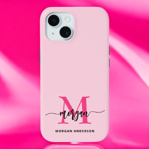 Coque Pour iPhone 15 Chaud rose moderne Script Girl Monogramme Nom