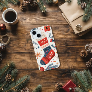 Coque Pour iPhone 15 Chaussette de Noël Rouge Bleu Festive