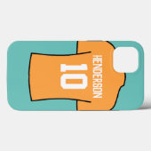 Coques Case-Mate iPhone Chemise de football en orange avec nom et numéro (Verso (horizontal))