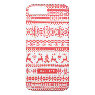 Coque iPhone 7 Plus Chemise de Noël rouge motif fair isle monogramme