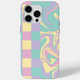 Coque iPhone 15 Pro Max Chèques et perles Pastel Rose, Jaune, Violet & Ver