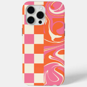 Coque iPhone 15 Pro Max Chèques et tourbillons - rose, orange et crème