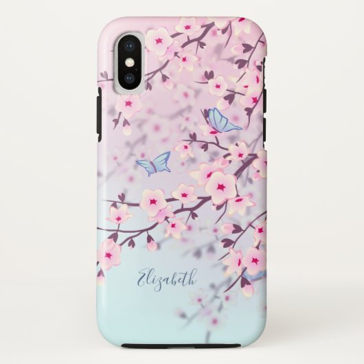 Coques Case-Mate iPhone Cherry Blossoms Paysage rose Turquoise Monogramme (Dos)