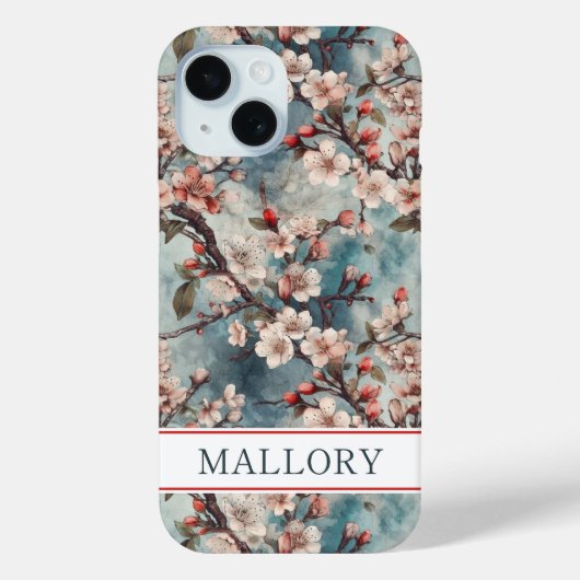 Coques Case-Mate iPhone Cherry Blossoms Teal Sakura Print Monogrammed (Verso)
