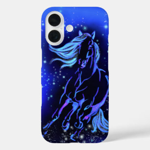 Coques iPhone 16 Cheval Courant Dans La Nuit Bleue étoilée