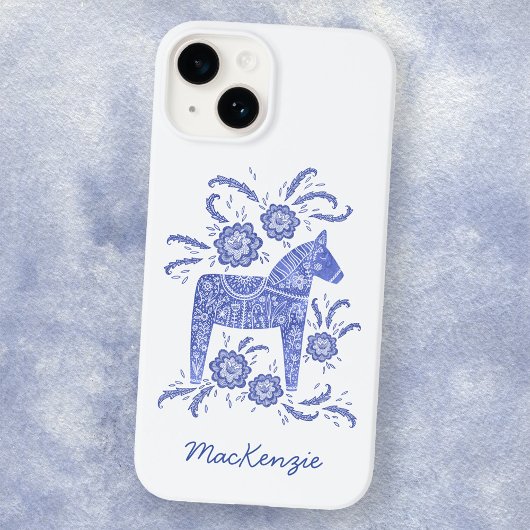 Coques Case-Mate iPhone Cheval de Dala suédois Personnalisé Bleu Blanc