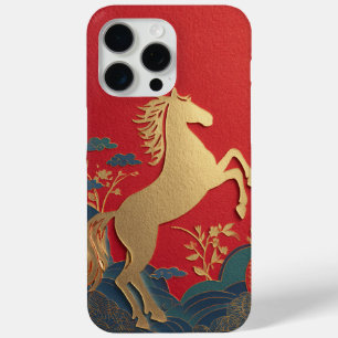 Coque iPhone 15 Pro Max Cheval en or mignon japonais éléphant rouge élégan