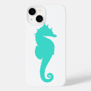 Coque Pour iPhone 14 Cheval Marin Turquoise sur Fond Blanc