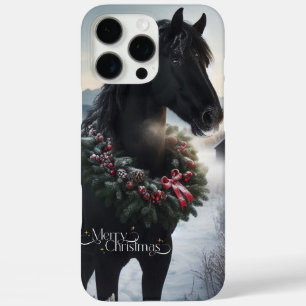 Coques iPhone 16 Pro Max Cheval noir dans la neige avec couronne de Noël