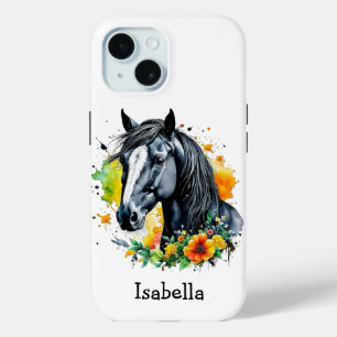 Coque Pour iPhone 15 Cheval noir entouré de fleurs Personnalisé