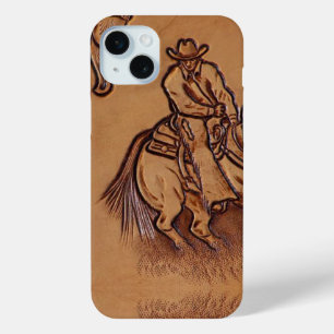 Coque iPhone 15 Mini Cheval occidental en cuir équitation Rodeo Cowboy