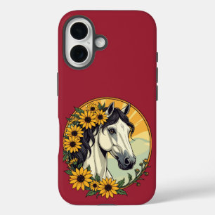 Coques iPhone 16 Cheval Pur-Sang Et Fleurs de Susan aux Yeux Noirs