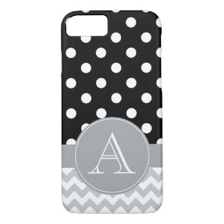 Coque iPhone 7 Chevron gris et monogramme noir de coutume de pois