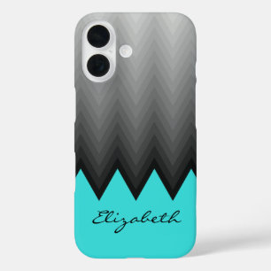 Coques iPhone 16 chevron gris ombre motif turquoise Nom personnalis