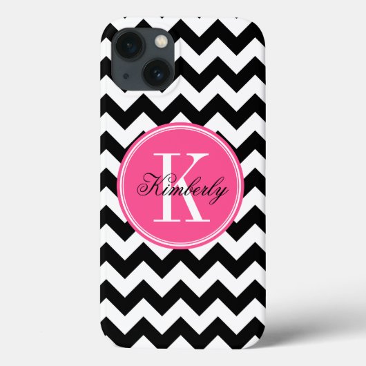 Coques Case-Mate iPhone Chevron noir et blanc avec le monogramme rose (Verso)