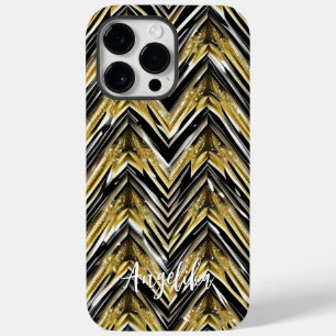 Coque Pour Pour iPhone 14 Pro Max Chevron Noir et Or Nom personnalisé