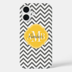 Coques iPhone 16 Chevron Zigzag Gris Motif Monogramme