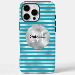Coques iPhone 16 Pro Max Chic Aqua Silver Stripes Monogramme