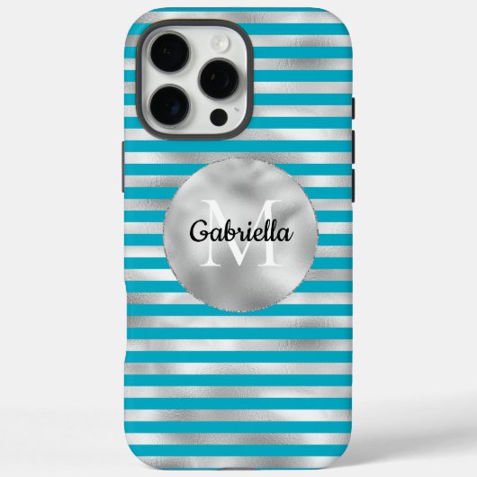 Coques Case-Mate iPhone Chic Aqua Silver Stripes Monogramme (Verso)