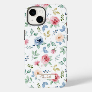 Coque Pour iPhone 14 Chic Aquarelle rose Blush Blue Flowers Motif