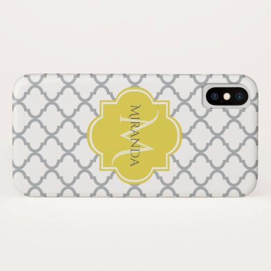 Coques Case-Mate iPhone Chic Blanc Gris Quatrefoil Jaune Nom Monogramme (Dos (Horizontal))