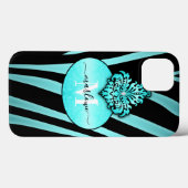 Coques Case-Mate iPhone Chic Bleu et Noir Zèbre rayures Nom Monogramme (Verso (horizontal))