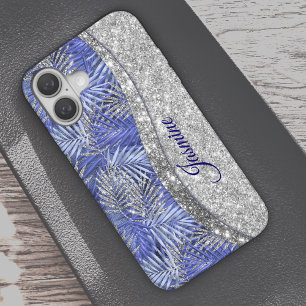 Coques iPhone 16 chic bleu violet argent parties scintillant feuill