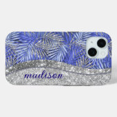 Coques Case-Mate iPhone chic bleu violet argent parties scintillant feuill (Verso (horizontal))