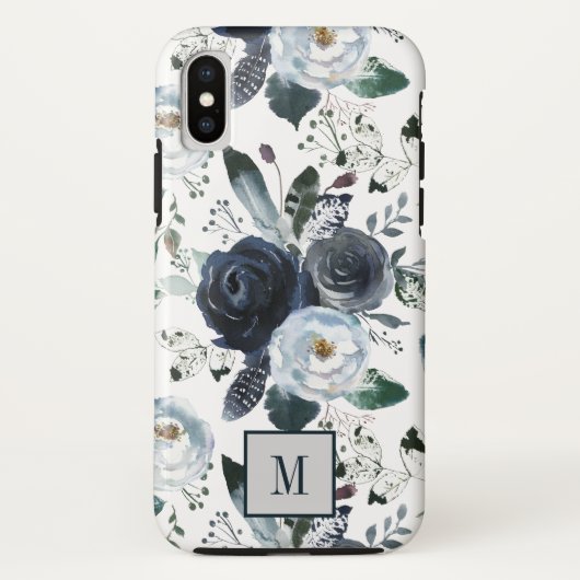 Coques Case-Mate iPhone Chic Boho Feuilles et fleurs bleues monogramme (Dos)