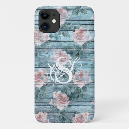 Coques Case-Mate iPhone Chic Chic Turquoise Rose floral Monogramme (Dos)