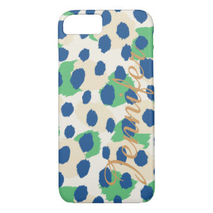 Coque iPhone 7 Chic coloré bleu vert cheetah imprimé monogramme