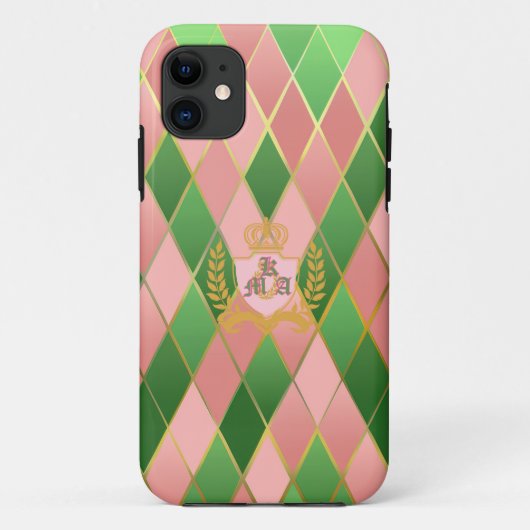 Coques Case-Mate iPhone Chic Élégant Argyle Rose et Vert Monogrammé (Dos)