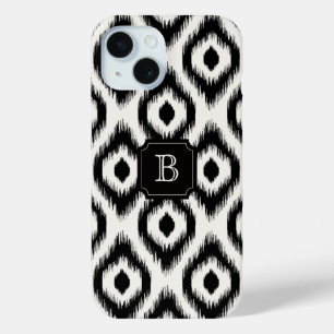 Coque Pour iPhone 15 Chic Élégant Ivoire Noir Diamant Ikat Monogramme