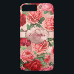 Case-Mate iPhone Case Chic Elegant Vintage Rose Rouge Roses Nom Floral<br><div class="desc">Chic, Elégant, Vintage, rose, rouge violet clair, design fleuri rose. Romantique, girly design un élégant rose floral vintage, rose violet clair roses rouge roses avec motif feuille vert sur arrière - plan or rose, avec étiquette or rose. Vous pouvez customiser avec votre nom et monogramme. Si vous n'avez pas besoin...</div>