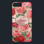 Case-Mate iPhone Case Chic Elegant Vintage Rose Rouge Roses Nom Floral<br><div class="desc">Chic, Elégant, Vintage, rose, rouge violet clair, design fleuri rose. Romantique, girly design un élégant rose floral vintage, rose violet clair roses rouge roses avec motif feuille vert sur arrière - plan or rose, avec étiquette or rose. Vous pouvez customiser avec votre nom et monogramme. Si vous n'avez pas besoin...</div>