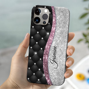 Coque Pour iPhone 14 Chic et girly faux paillettes argent noir rose mon