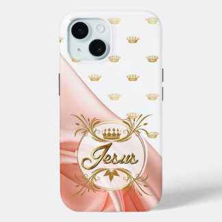 Coque Pour iPhone 15 Chic Faith Pink Satin Gold Crown Design Jesus