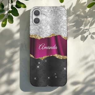 Coques iPhone 16 Chic faux argent parties scintillant rose noir mon