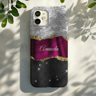 Coques iPhone 16 Pro Chic faux argent parties scintillant rose noir mon