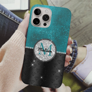 Coques iPhone 16 Pro Chic faux Parties scintillant argent Turquoise noi