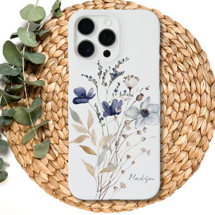 Coques iPhone 16 Pro Max Chic Fleur Bleue Aquarelle Monogrammée